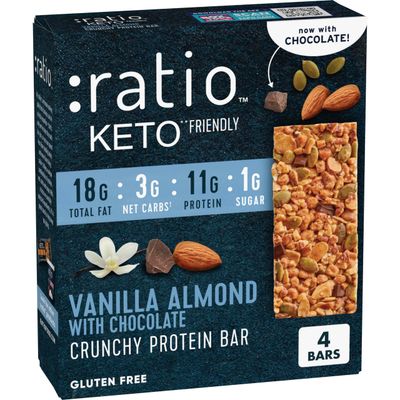 Ratio Crunchy Protein Bar, Vanilla Almond With Chocolate, 11g Protein, Keto Friendly, 5.8 oz (4 Bars)
