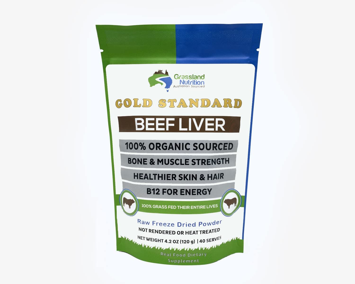 Grassland Nutrition Organic Grass Fed Beef Liver (Freeze Dried) - Natural Iron, Vitamin A, B12 for Energy (120G Powder)