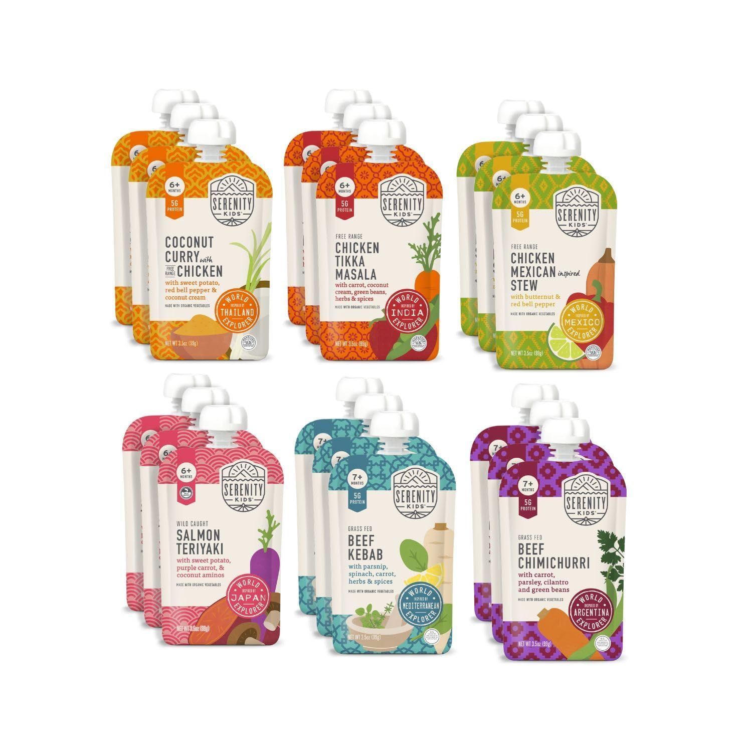 Serenity Kids 7 Months World Explorers Baby Food Pouches - Puree w Ethically Sourced Meats Organic Veggies - 3.5 Oz BPA-Free - Variety Pack (18 Pouches) - Baby Food Meat