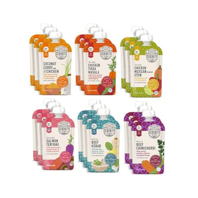 Serenity Kids 7 Months World Explorers Baby Food Pouches - Puree w Ethically Sourced Meats Organic Veggies - 3.5 Oz BPA-Free - Variety Pack (18 Pouches) - Baby Food Meat
