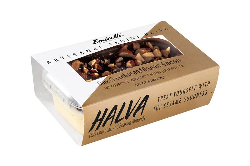 Emirelli Artisanal Halva Dessert - Authentic Middle Eastern Candy Turkish Sweets - Vegan Candy 55-Tahini Halwa - Halvah Traditional International Sweets - Dark Chocolate Roasted Almonds Flavor