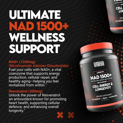 UTOYA NAD 1500 Nicotinamide Riboside Supplements - Trans-Resveratrol Supplement Supports Cellular Energy Metabolism Repair, Vitality, Healthy Aging - VeganGluten Free - 90 Capsules