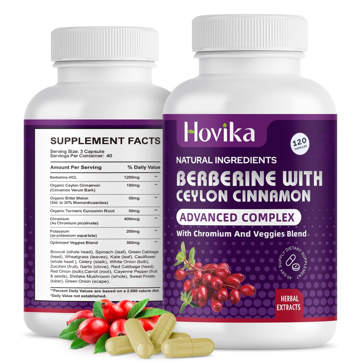 Berberine HCL Capsules 1200 mg - Berberine Supplement with Ceylon Cinnamon, Chromium, Veggies Blend - Supports Metabolism and Immune System, Gut Health - 120 ct Easy to Swallow Vegan Pills