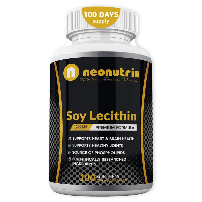 Soy Lecithin Capsules 1200mg (One a Day, 100 Softgels) Immune Support Supplement Rich in Phospholipids Supports Metabolism, Brain Heart Health Cell Functions Made in The USA Non-GMO by Neonutrix