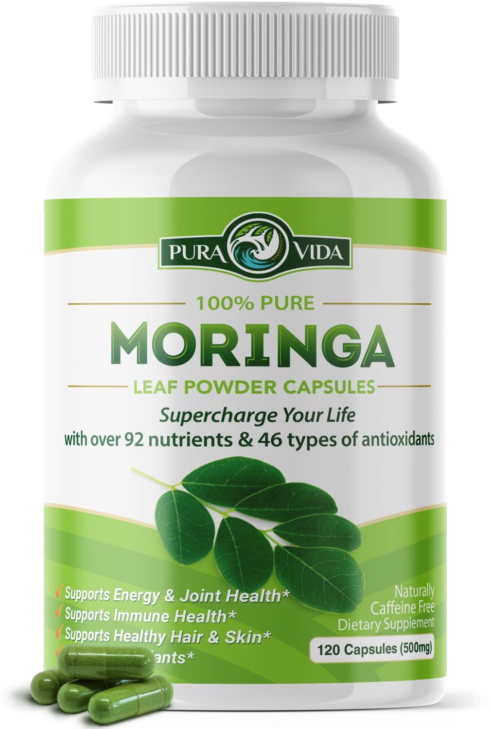 PURA VIDA MORINGA Capsules Single Origin Moringa Powder Organic. Moringa Leaf. Energy, Metabolism, Immune Support. 120ct. 500mg Caps.