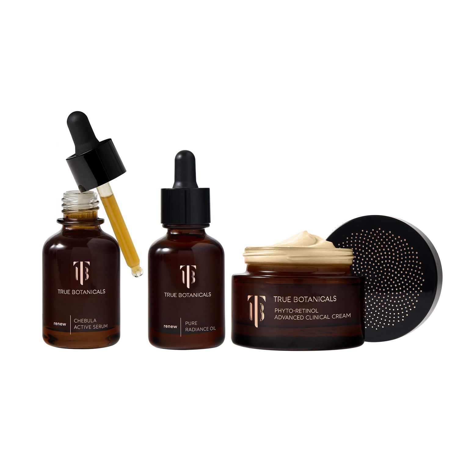 True Botanicals Anti-Aging Essentials Increase Hydration, Treat Fine Lines Wrinkles Contains Chebula Active Serum, Renew Pure Radiance Oil, and Phyto Retinol Advanced Clinical Cream