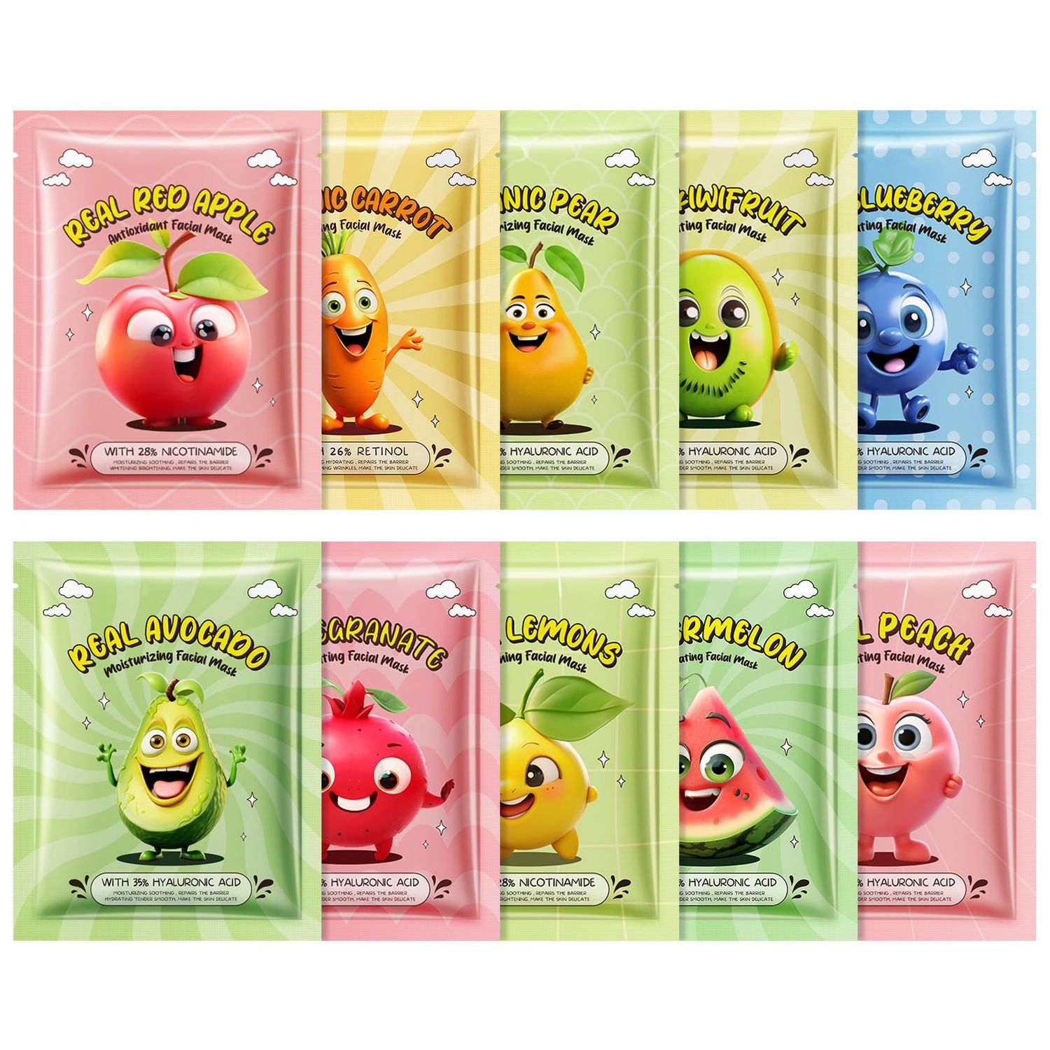Boobeen 10 Pack Fruit Face Mask, Spa Party Facial Mask Skincare with Hyaluronic Acid, Winter Hydrating Face Sheet Mask, Soothing Facial Masks for Women Skin Care