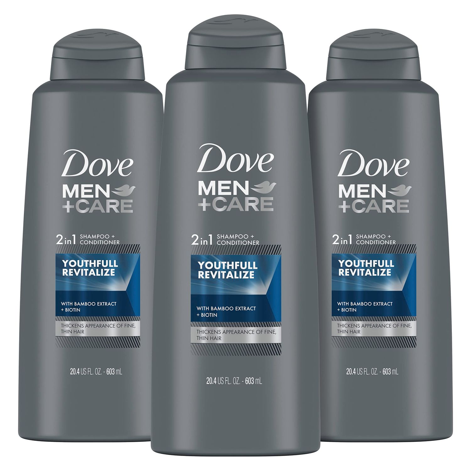 DOVE MEN CARE 2 in 1 Shampoo and Conditioner Youthfull Revitalize 3 Count For Fine, Thin Hair Men&#39;s Shampoo and Conditioner with Bamboo Extract Biotin 20.4 oz