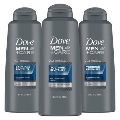DOVE MEN CARE 2 in 1 Shampoo and Conditioner Youthfull Revitalize 3 Count For Fine, Thin Hair Men&#39;s Shampoo and Conditioner with Bamboo Extract Biotin 20.4 oz