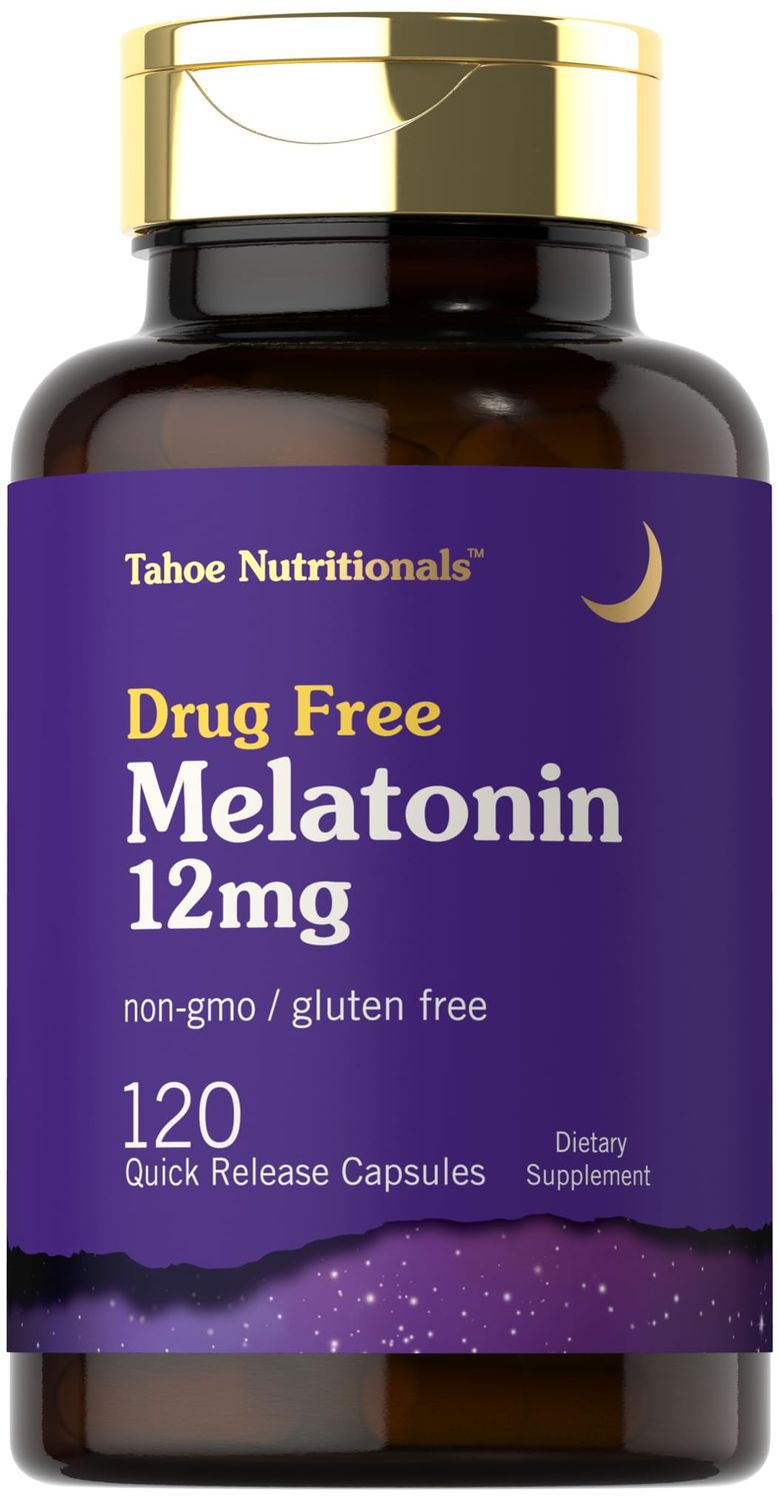 Tahoe Nutritionals Melatonin 12 mg 120 Quick Release Capsules Drug Free Supplement Non-GMO, Gluten Free