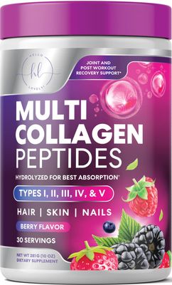 Collagen Peptides for Women - Hydrolyzed Type I, II, III, IV V for Skin, Hair, Nails, Bone Joint Support, Grass-Fed, Best Multi Collagen Peptide Powder for Women Men, Berry Flavor - 30 Servings