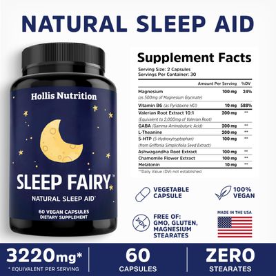 SLEEP FAIRY Natural Sleep Aid Melatonin 10mg, Magnesium Glycinate 500mg, L-Theanine, B6, 5-HTP, GABA, Valerian Root Ashwagandha Herbal Sleeping Pills for Adults Vegan Sleep Pills MADE IN USA