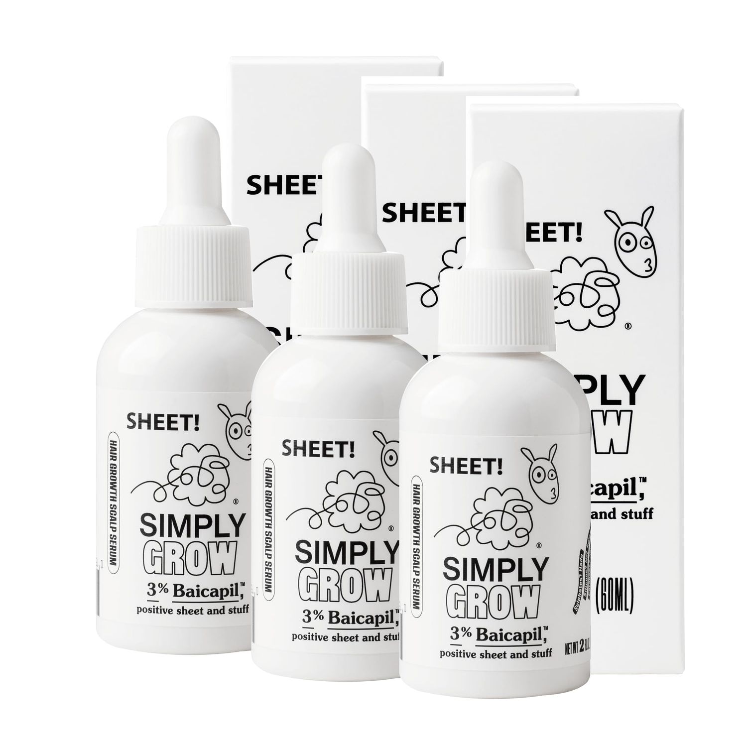 SHEET! Hair Growth serum 3 Pack - Hair Growth Treatment with 3 Baicapil - Stops Hair Loss, Boosts Thickness - Vegan, Sulfate-Free, Genderless - Water-Based Leave-In - 3 x 2 fl oz