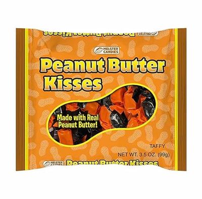 One Melster Candies 3.5 oz bag Peanut Butter Kisses Taffy Candy-FallHalloween Black Orange Wrappers-Made with Real Peanut Butter-Gluten Free and No Cholesterol