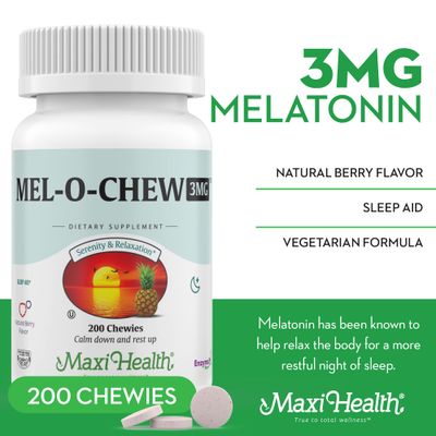 Maxi Health Extra-Strength Mel-O-Chew 3 MG Kosher Chewable Melatonin, Berry Flavor (200 Count)