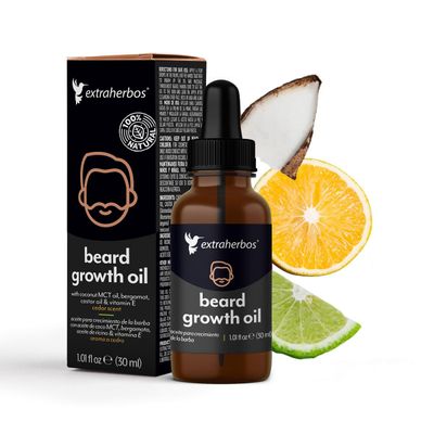 Extraherbos Beard and Skin Oil 30ml - 100 Natural and Organic with MCT Coconut, Bergamot, Vitamin E - Stimulates Growth, Deep Hydration, Softens and Strengthens - Cedar Scent