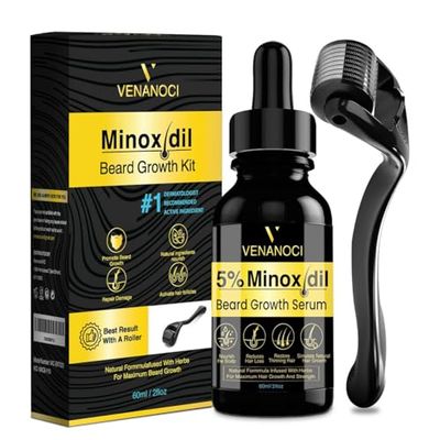 5 Minoxidil for Men Beard Growth Kit: Venanoci Hair Regrowth Oil with Biotin Rosemary - Thicker, Fuller Beard Hair - Stop Hair Loss Thinning - Hair Growth Serum Treatment