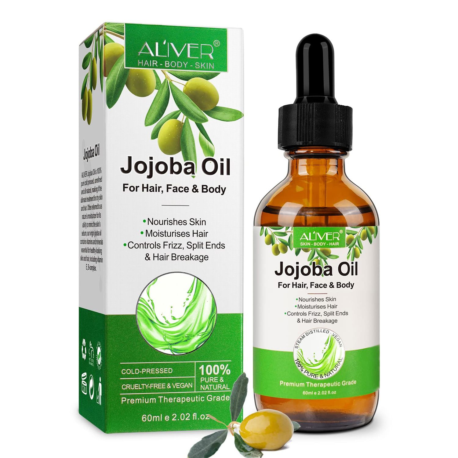Jojoba Oil 60ml, 100 Pure Natural Jojoba Oil for Hair, Treatment For Damaged Hair Dry Skin,Cold Pressed Oil For Hair, Beard, Nails and Skin