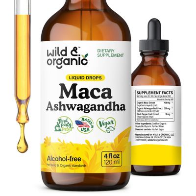 Wild Organic Maca Root Ashwagandha Drops for Men and Women - Liquid Maca Ashwagandha Supplement for Overall Support - Peruvian Extract Tincture - Vegan, Sugar Alcohol-Free - 4 fl oz