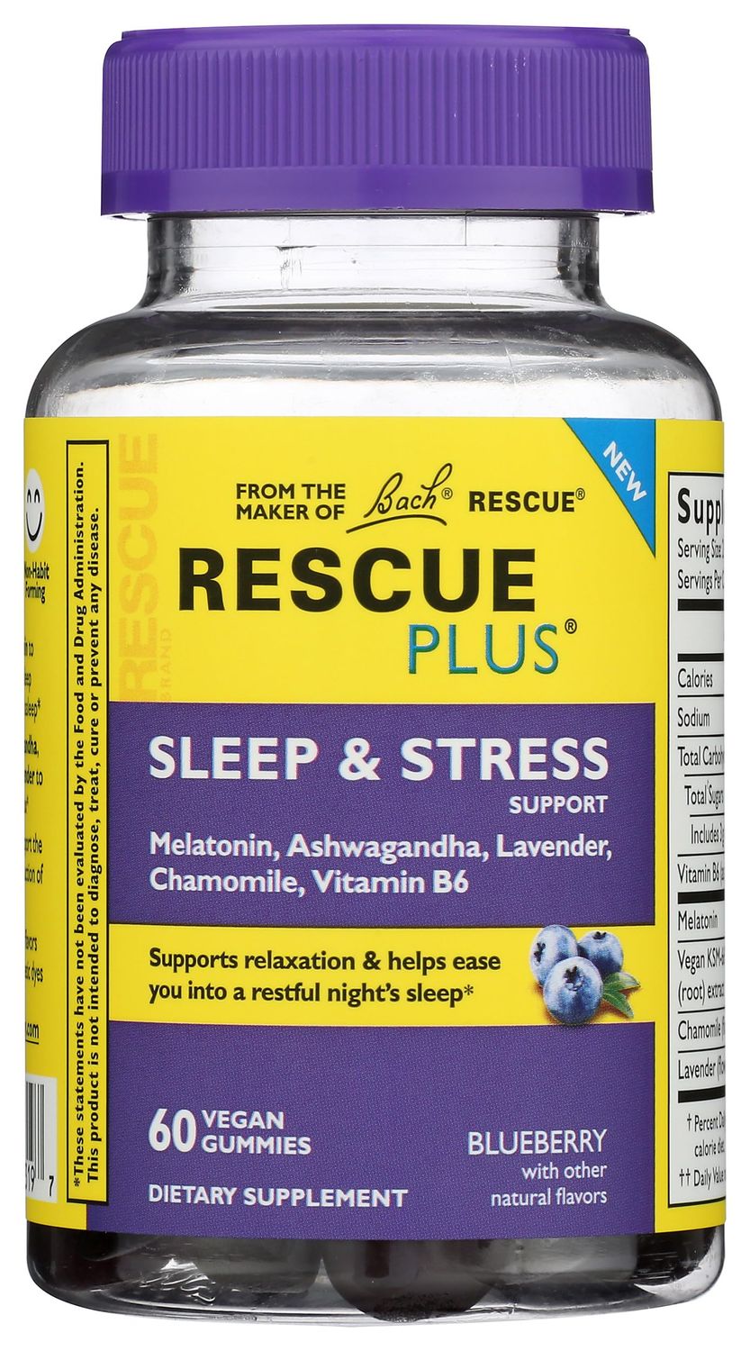 Bach Rescue Plus Sleep Stress Support Gummies, Nighttime Dietary Supplement with 1mg Melatonin, Ashwagandha, Chamomile, Lavender Vitamin B6, 60 Gummies (Pack of 3)