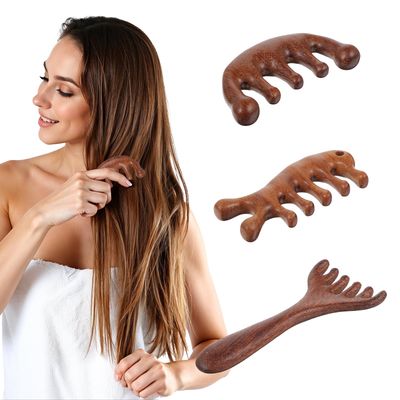 3 Pcs Wooden Scalp Massager Comb Sandalwood Wide Tooth Massage Brush Round Teeth Massage Tool for Stress Relax Haircare Women Men Hair Growth Head Fatigue Soothing Gua Sha Acupoint Health Care