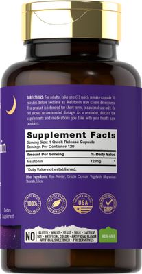 Tahoe Nutritionals Melatonin 12 mg 120 Quick Release Capsules Drug Free Supplement Non-GMO, Gluten Free