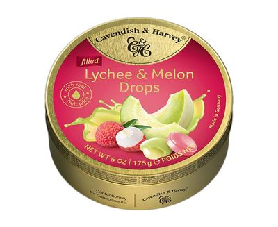 Cavendish Harvey Lychee Melon Filled Hard Candy Drops 175g 6 ounce Tin
