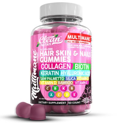 Clean Nutraceuticals Biotin Collagen Keratin Gummies Hair Skin and Nails Vitamins for Women Hyaluronic Acid Bamboo Vitamin A C D3 E Folate With Saw Palmetto Silica B3 B12 Vegan Gummy