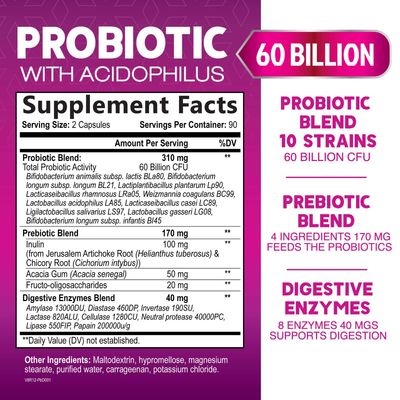 Probiotics 60 Billion CFU per Serving - 10 Strains Prebiotics - Immune, Digestive Gut Health Support, Supports Occasional Constipation, Gas Bloating for Women Men, Shelf Stable - 180 Capsules