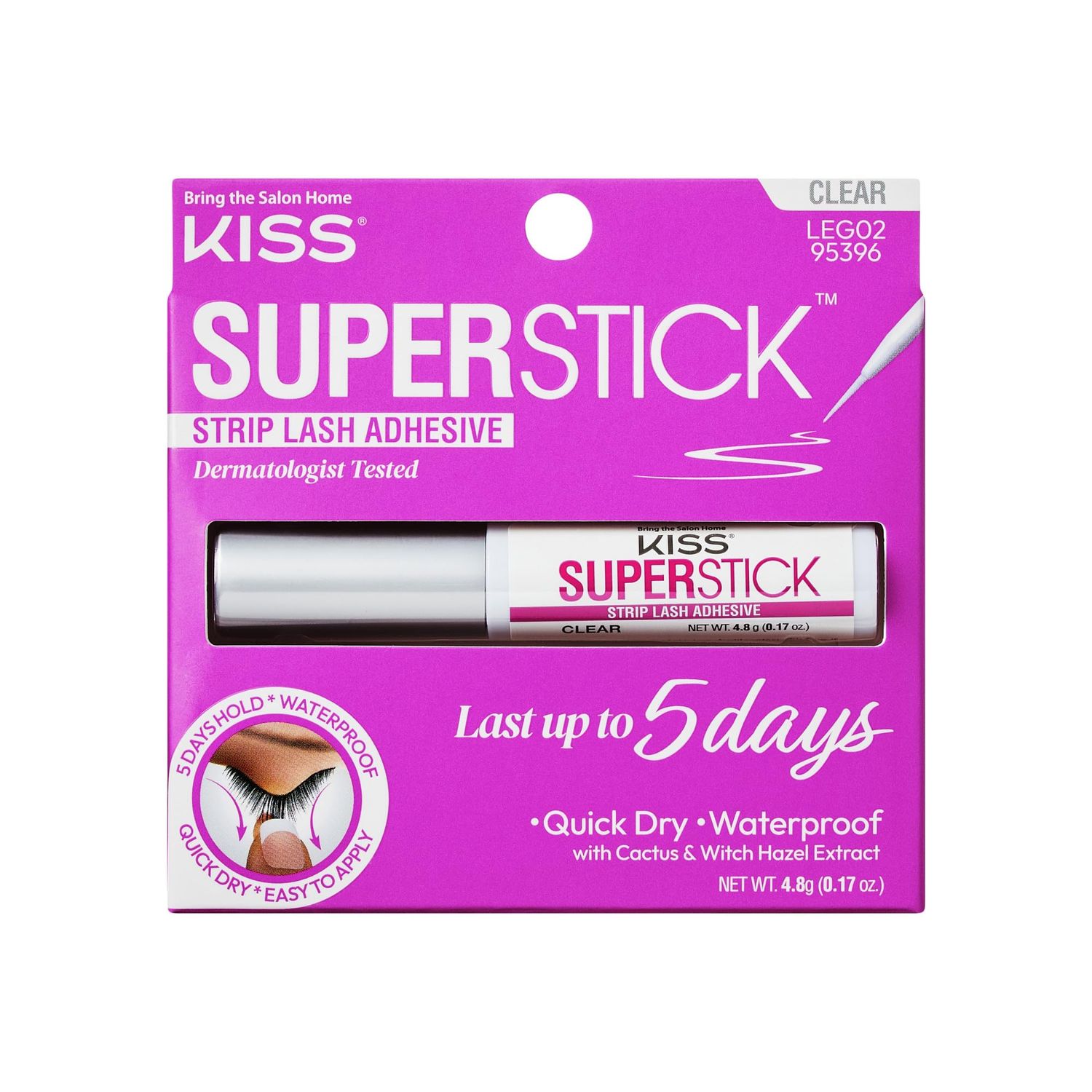 KISS Super Stick 5-Day Extended Wear Strip Lash Adhesive, Quick Drying Lash Glue, Witch Hazel Cactus Extract Infused, Brush Applicator, Net Wt. 4.8g (0.17 oz.), Clear