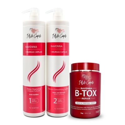 I Belli Capelli Ravenna Professional Keratin Hair B-tox -Cirugia Capilar para el Cabello, Smoothing, B-tox Hair Treatment, Celulas Madres Para el Cabello-Straightener System 3x1L 105.8oz