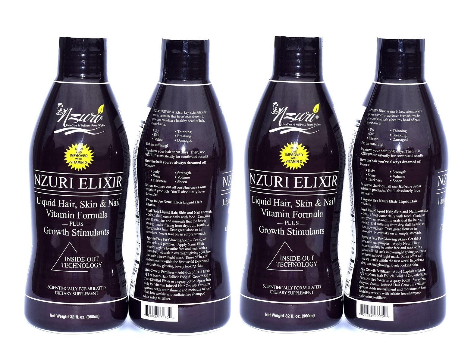 Nzuri Elixir Hair Skin and Nails Vitamins for Women and Men with Biotin, Folate, and Vitamin D for Daily Growth Supplement to Reducing Dryness, Thinning, and Loss, 32 oz. 4 Bottles