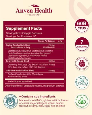 Anven Health Vaginal Probiotics for Women - 60 Billion CFU for pH Balance, Vaginal Flora, Odor, Yeast Digestive Health, Vegan Non-GMO with Saffron, Lecithin, Cranberry, Olive Leaf 90 Capsules
