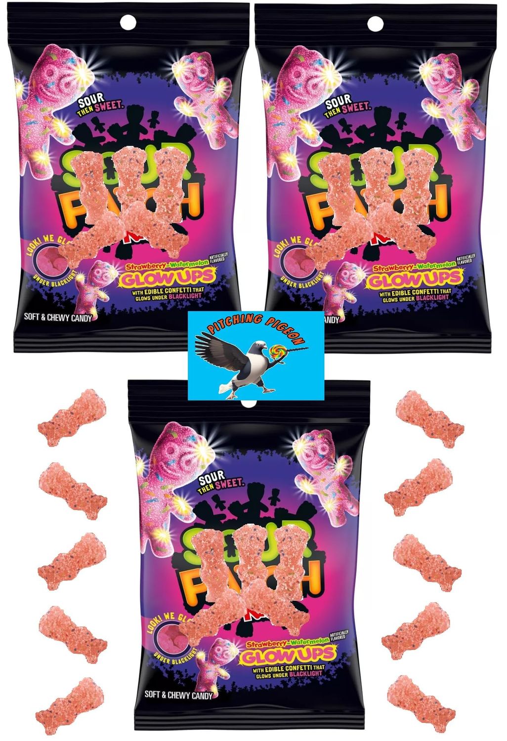 Sour Patch Glow Ups 20.1oz Strawberry Watermelon Soft Chewy Candy - Includes PITCHING PIGEON Brand Magnet