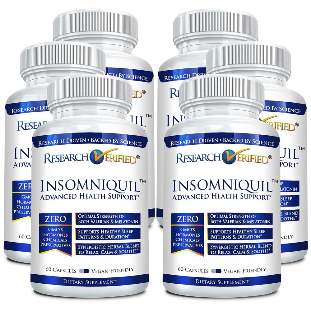 Research Verified Insomniquil - Valerian Root, Chamomile, Lemon Balm, Passionflower, Hops, Melatonin - 6 Bottles (360 Capsules) - Vegan