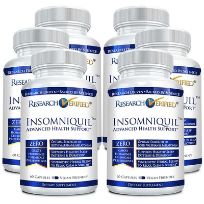 Research Verified Insomniquil - Valerian Root, Chamomile, Lemon Balm, Passionflower, Hops, Melatonin - 6 Bottles (360 Capsules) - Vegan