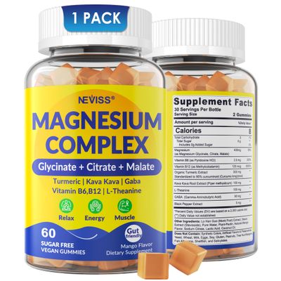 Magnesium Gummies for Adults, Sugar Free Magnesium Complex Supplement 400mg with Turmeric, GABA, B6 B12, Kava Kava, L-Theanine for Calm, Relaxation Sleep, Energy, Melatonin Free Gummies, Vegan 1Pack