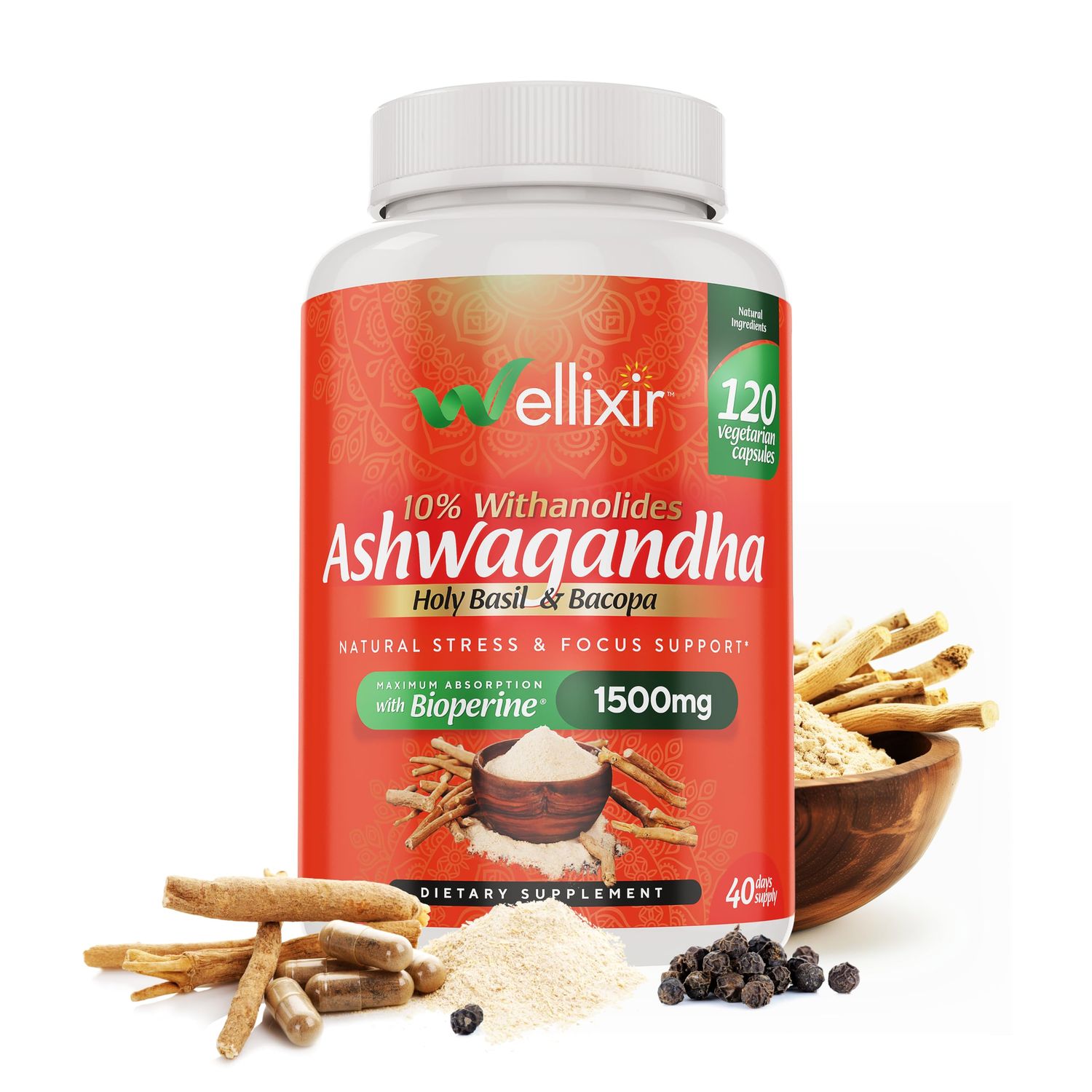 WELLIXIR Ashwagandha Capsules - 10 Withanolides, Root Powder Extract, Herbal Supplement to Help Support a Natural Stress Relief, Sleep, Focus - 1500mg, for Men and Women -120 Count