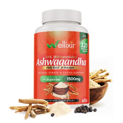 WELLIXIR Ashwagandha Capsules - 10 Withanolides, Root Powder Extract, Herbal Supplement to Help Support a Natural Stress Relief, Sleep, Focus - 1500mg, for Men and Women -120 Count