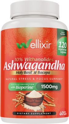 WELLIXIR Ashwagandha Capsules - 10 Withanolides, Root Powder Extract, Herbal Supplement to Help Support a Natural Stress Relief, Sleep, Focus - 1500mg, for Men and Women -120 Count