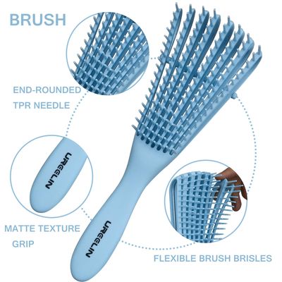 UREELIN Detangling Brush Set: Detanger, Edge Back Brushes for Curly Hair Types 3a to 4c, Rat Tail Comb, Alligator Clips for Wavy, Curly, Coily, Wet, Dry, Oily or Thick Hair (Blue)