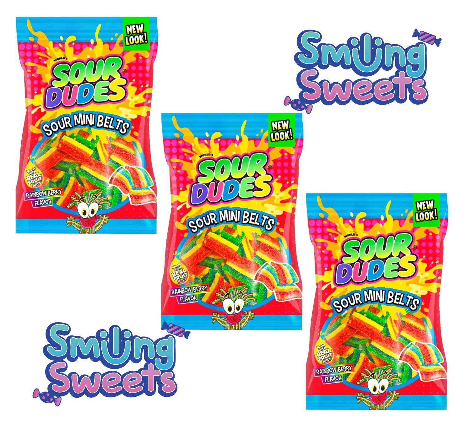 Smiling Sweets Sour Dudes Sour Mini Belts Rainbow Berry Flavor, Fun Treat to Share with Anyone, Made with Real Fruit Juice, Delicious Flavors and Colors (Pack of 3)