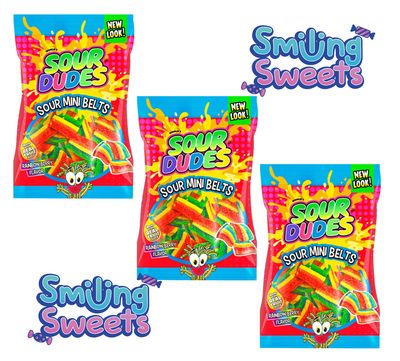 Smiling Sweets Sour Dudes Sour Mini Belts Rainbow Berry Flavor, Fun Treat to Share with Anyone, Made with Real Fruit Juice, Delicious Flavors and Colors (Pack of 3)