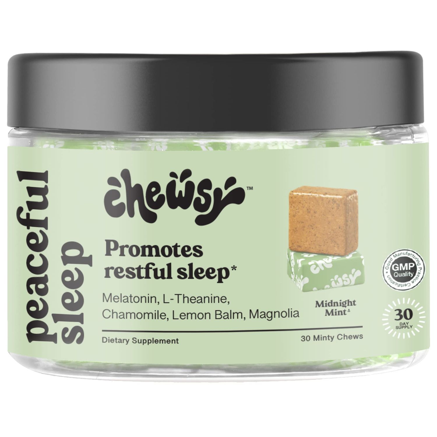 Chewsy Peaceful Sleep Chews, Sleep Support, 3 mg Melatonin, 200 MGS L-Theanine, Chamomile, Lemon Balm, Magnolia, Nighttime Sleep Aid, Naturally Minty Chews, Promotes restful Sleep, 30-Day Supply (1)