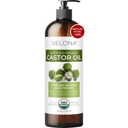 velona USDA Certified Organic Castor Oil - 16 fl oz (With Pump) For Hair Growth, Boost Eyelashes, Eyebrows Cold pressed, Natural Oil, USP Grade Hexane Free, Lash Serum, Caster