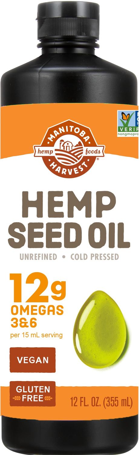 Manitoba Harvest Hemp Seed Oil, Cold Pressed, Premium Quality, 12g of Omegas 3 6 Per Serving, Hydrate Nourish Skin, Non-GMO, Vegan, Gluten Free, Great for cooking, salad dressings, 12 Fl Oz