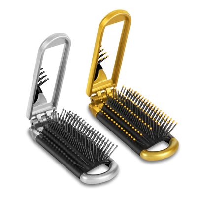Yusong Hair Brush Set 2 packs Mini Travel Folding Hairbrush with Mirror For Women Girls Compact Pocket Size Comb For Purse, Gym, Trip, Swiming (2pcs, GoldSilver)