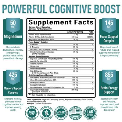 Purely Optimal Brain Supplement for Memory and Focus - Nootropic Support with Lions Mane, Alpha-GPC, Ginko Biloba, Bacopa Monnieri - 60 Capsules