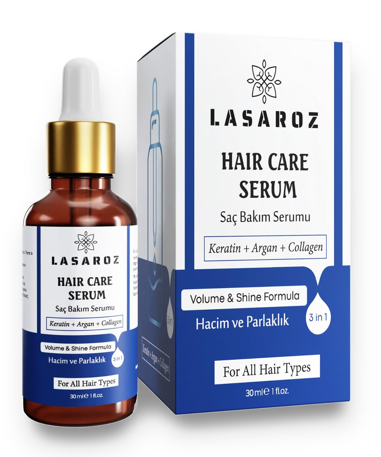 lasaroz Hair Care Serum for All Hair Types 1 fl oz. - Argan, Collagen, Keratin Hair Oil - Anti Frizz, Hair Strengthening, Nourishing Serum for Damaged, Dry Hair