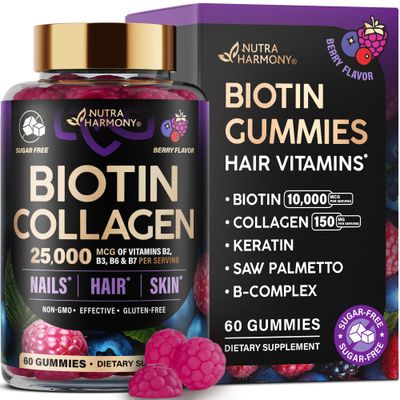Biotin Gummies with Collagen - Hair Growth Support Skin, Nail Strength - for Women Men - Biotin 10000mcg Keratin Hyaluronic Acid B-Complex Saw Palmetto - Sugar-Free, Mixed Berry - 60 Gummy